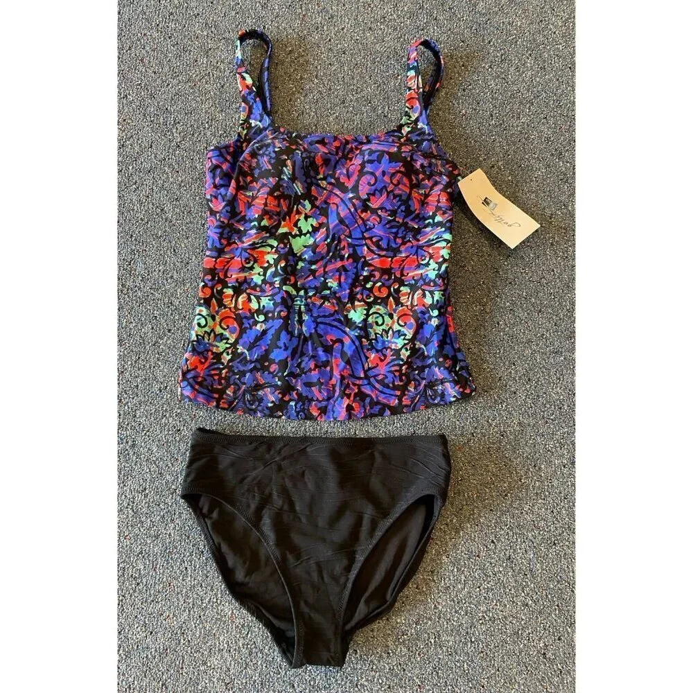 NWT Gottex Tankini Bathing Suit 2 Piece Black Blue Green Red 10 New
